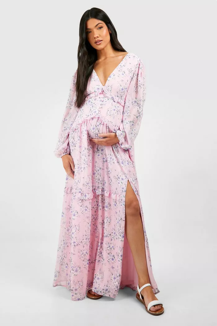 Maternity Floral Print Side Split Maxi Dress | boohoo (US & Canada)