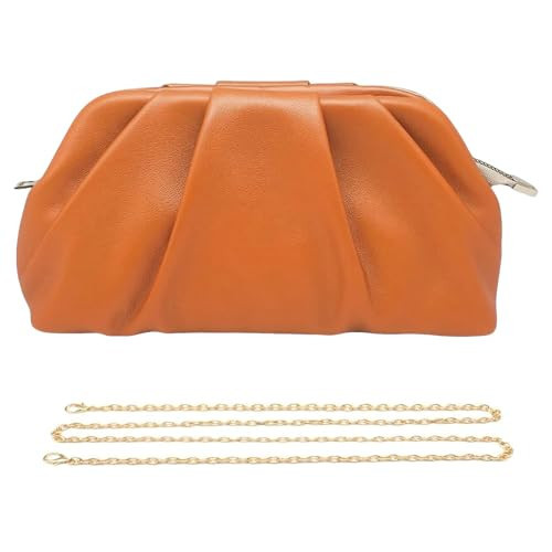 Pahajim Clutch Bags for Women Evening Bag Ruched Soft PU Leather Handbag With Detachable Chain Crossbody Shoulder HandBags for Wedding, Party, Date, Prom (Orange) | Amazon (UK)