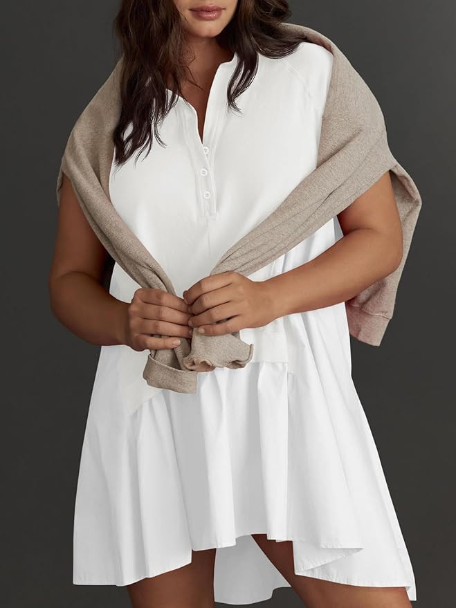 Fisoew Womens Summer Sweatshirt Dresses Short Sleeve V Neck Casual Oversized Patchwork Mini Dress | Amazon (US)