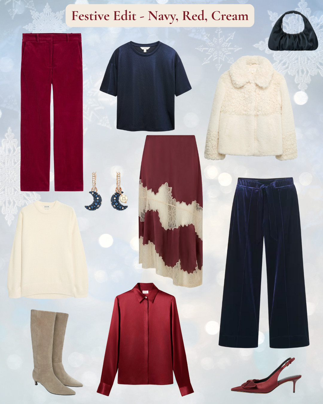 Festive Edit in Red, Navy and Cream. If navy is a staple in your wardrobe, use it at Christmas too with a touch of festive red and cream. Red and cream satin and lace skirt, cream faux fur jacket, satin shoes, velvet trousers, cream cashmere sweater 

 #LTKuk #LTKfestive #LTKover50style