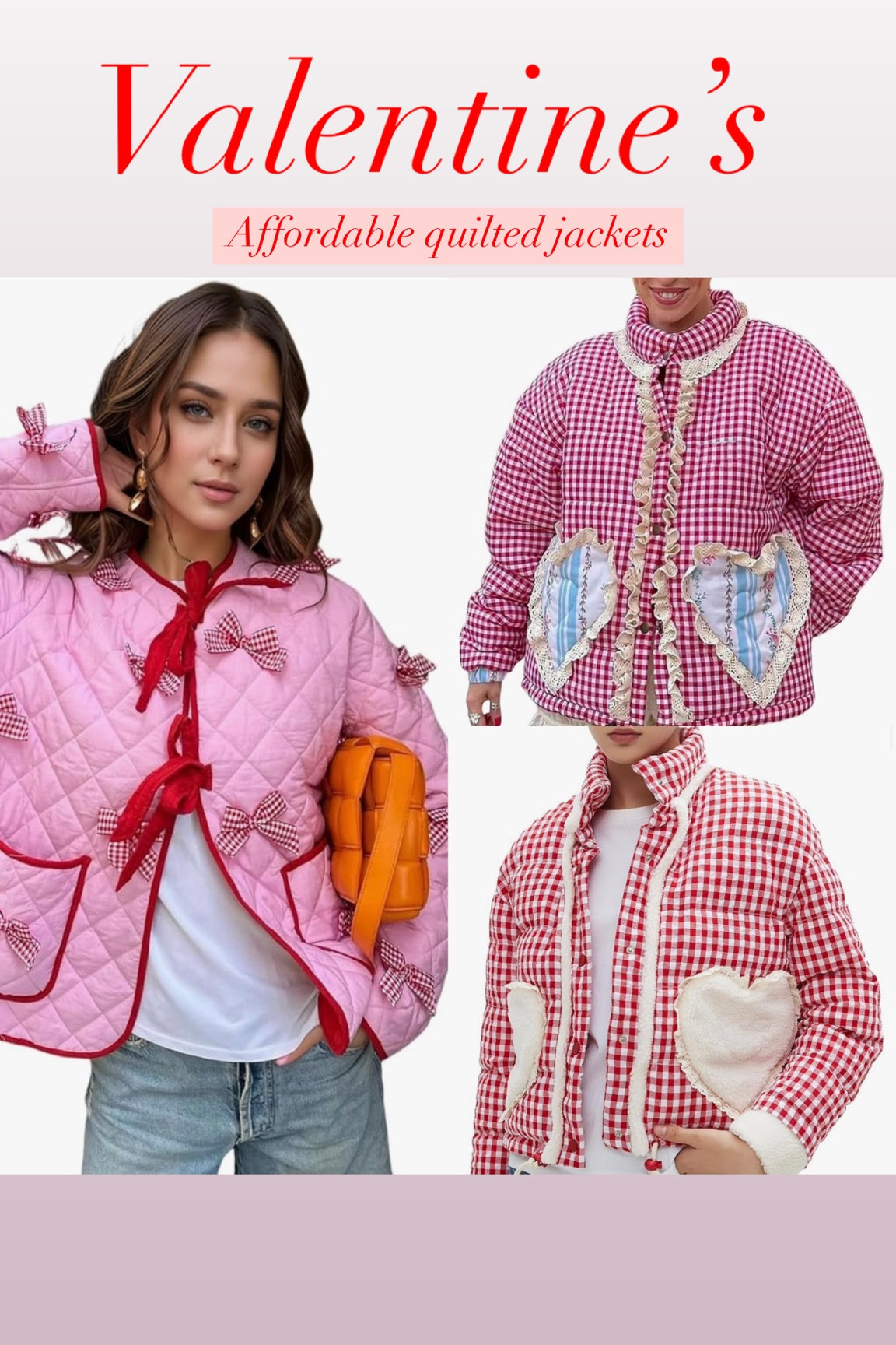 Valentine’s quilted jackets. 

Amazon. Trending. Outfit ideas

#LTKWatchNow #LTKSeasonal #LTKFindsUnder50