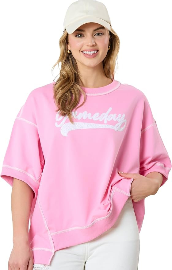 Hey Sweetie Women's Game Day Out-Seam Detail Top – Short Sleeve Cotton Asymmetric High-Low Hem ... | Amazon (US)