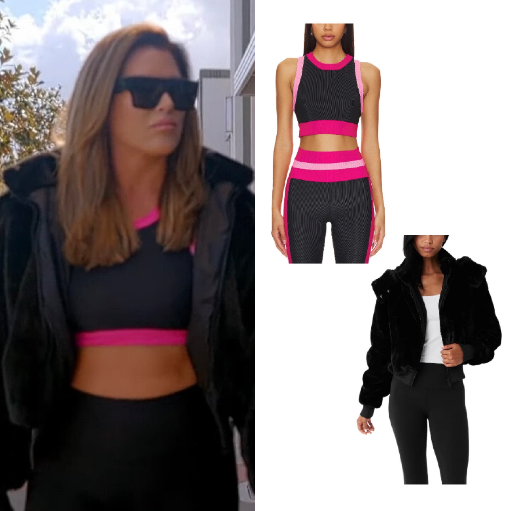 Emily Simpson’s Black and Pink Colorblock Crop Top + Black Fur Jacket
