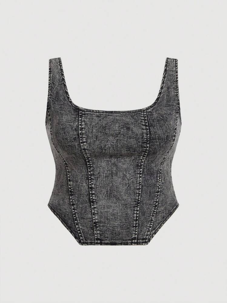 SHEIN MOD Plus Size Stylish Fitted Denim Top With Back Zipper, Summer | SHEIN