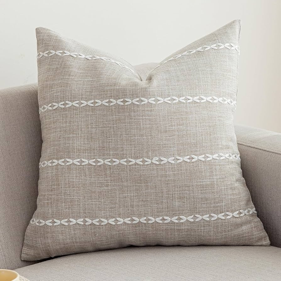 vctops Rustic Striped Cotton Linen Decorative Throw Pillow Cover Embroidery Square Cushion Cover ... | Amazon (US)
