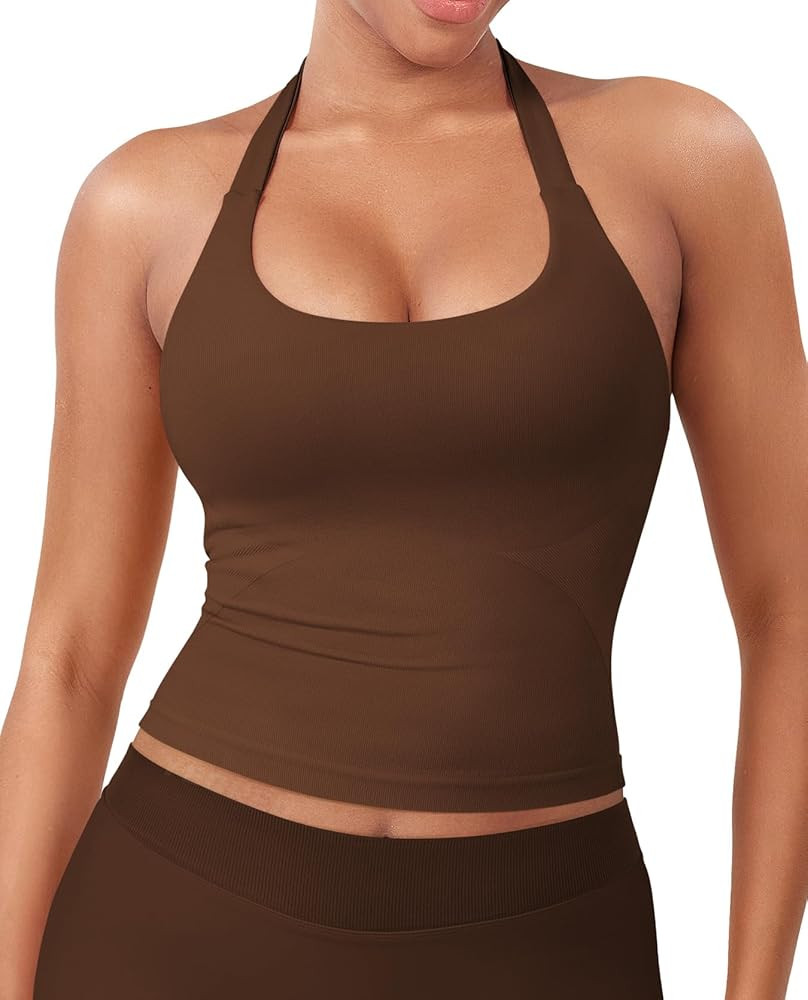 YEOREO SoftHue Women's Impact Halter Tank Top Longline Backless Scoop Neck Built-in Bra Sports Wo... | Amazon (US)