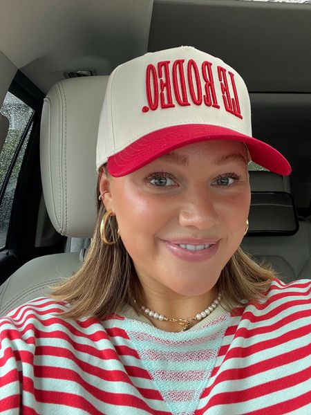 Size down in sweatshirt! Wearing size small. Several colors in stock!! Hat is my new obsession 😂🤠 Amazon hoops gold plated. Electric picks code BRE20 + DIBS code BRE