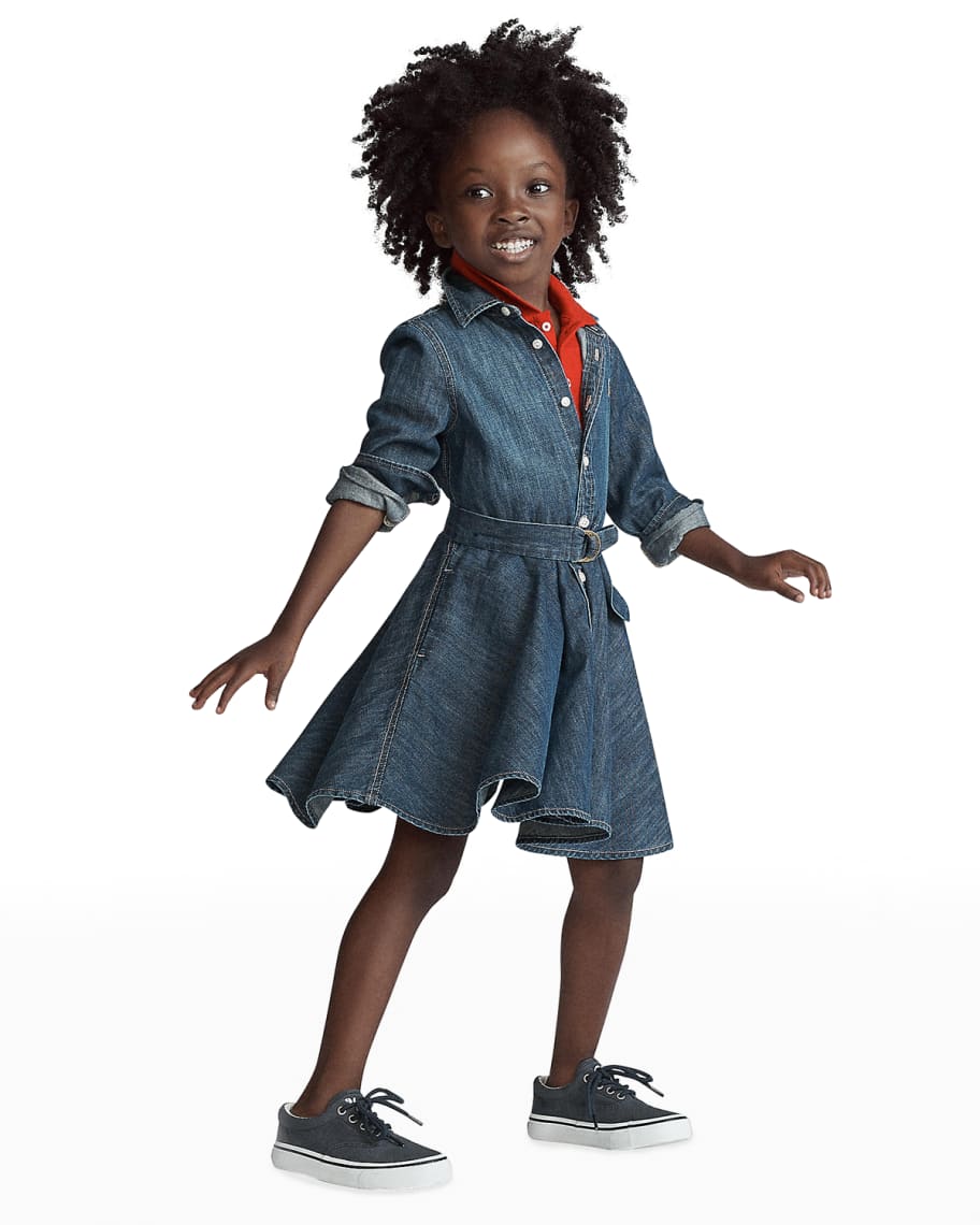 Girl's Belted Fit-and-Flare Denim Shirtdress, Size 2-6X | Neiman Marcus