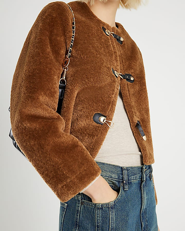 Brown Faux Fur Collarless Jacket | River Island UK & IE
