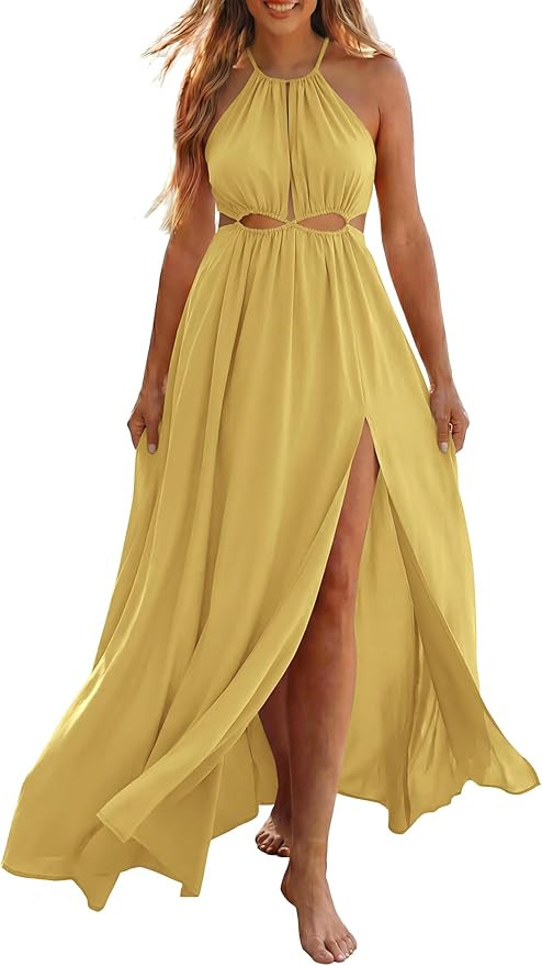 BTFBM Women Halter Summer Dresses 2026 Sleeveless Cutout Backless Sundress Slit Boho Maxi Beach W... | Amazon (US)