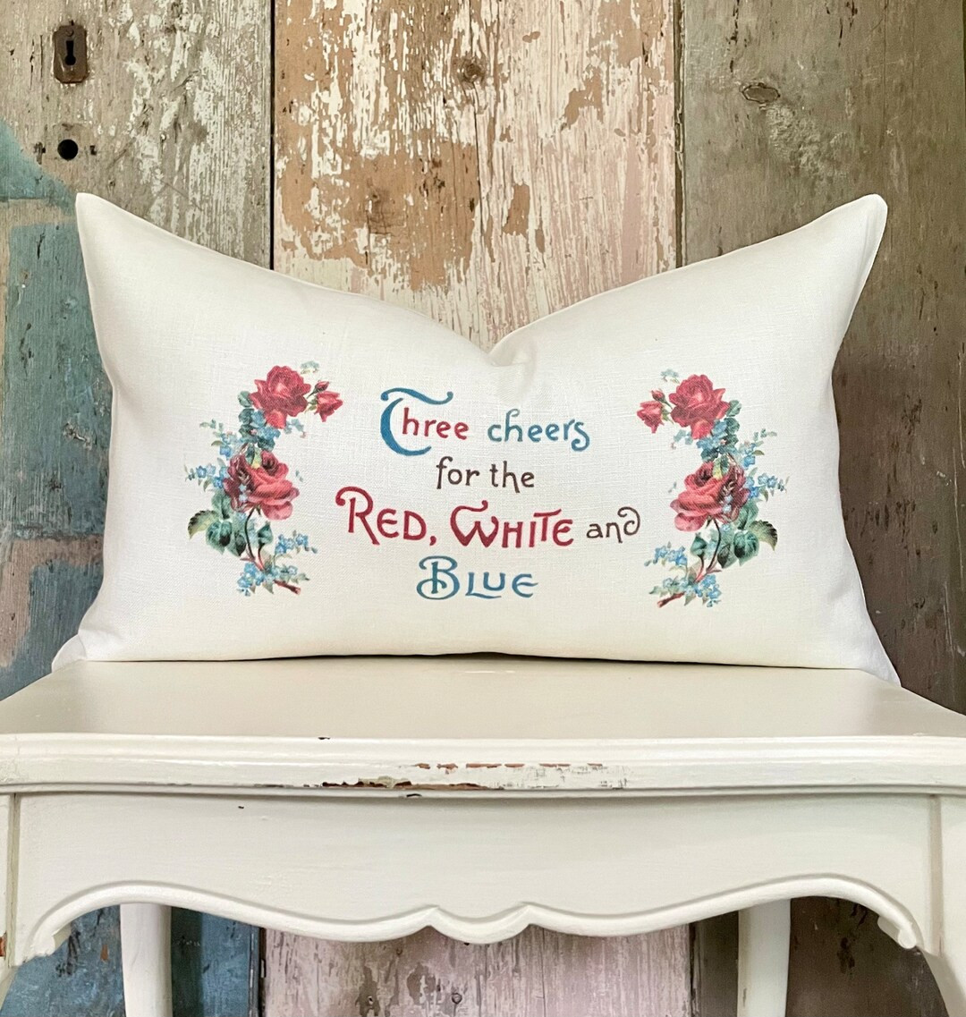 Patriotic Linen Lumbar Pillow Cover, Red White and Blue USA Cushion, Farmhouse Rustic Summer Coun... | Etsy (US)