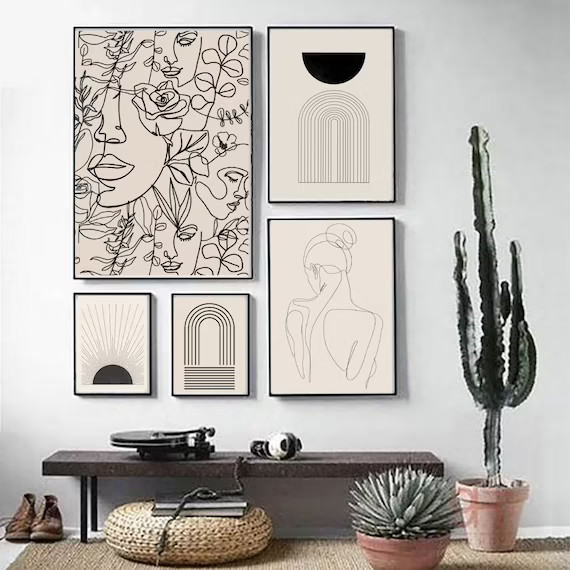 Wall Art Set of 5, Abstract Boho Art Set of 5 Prints, Mid Century Wall Line Art Print Set, Bohemi... | Etsy (US)