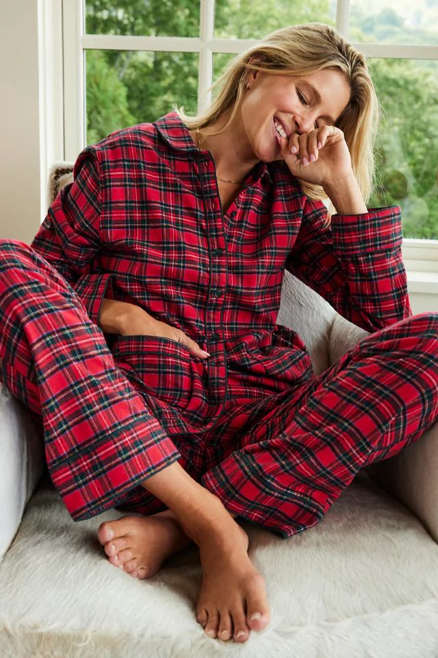 Flannel Piped Pants Set in Red Tartan | LAKE Pajamas