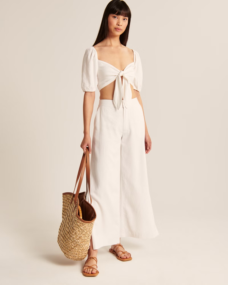 Tie-Front Linen-Blend Puff Sleeve Top | Abercrombie & Fitch (US)