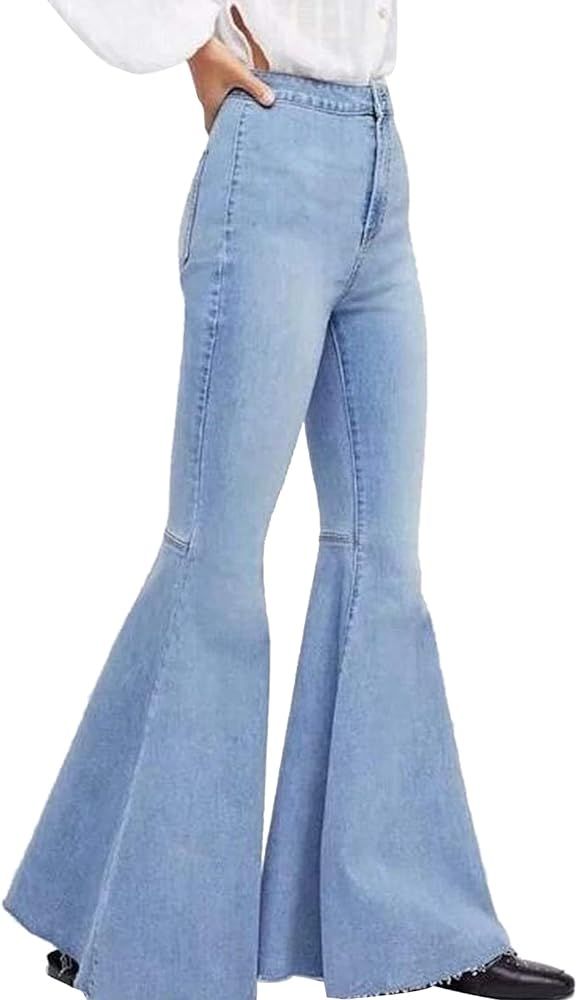Women's Fashion Bell Bottom Pants High Waist Tassel Stretch Curvy Fit Jeans Blue | Amazon (US)