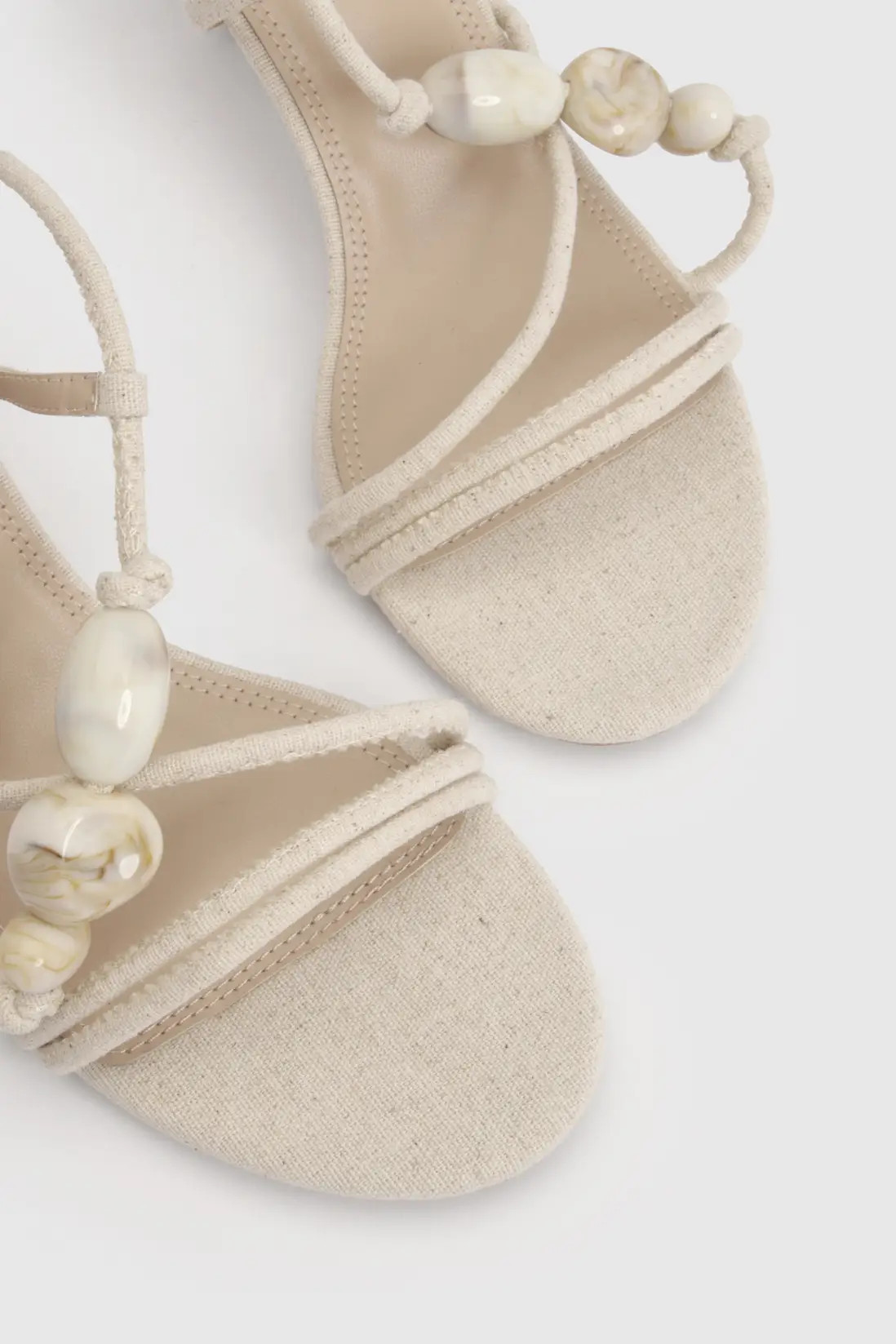 Natural Linen Bead Detail Asymmetric Strappy Stiletto Heels | Boohoo | Boohoo.com (UK & IE)
