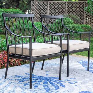 PHI VILLA Black Metal Stylish Patio Outdoor Dining Chair with Beige Cushion (2-Pack) THD-PV344B -... | The Home Depot