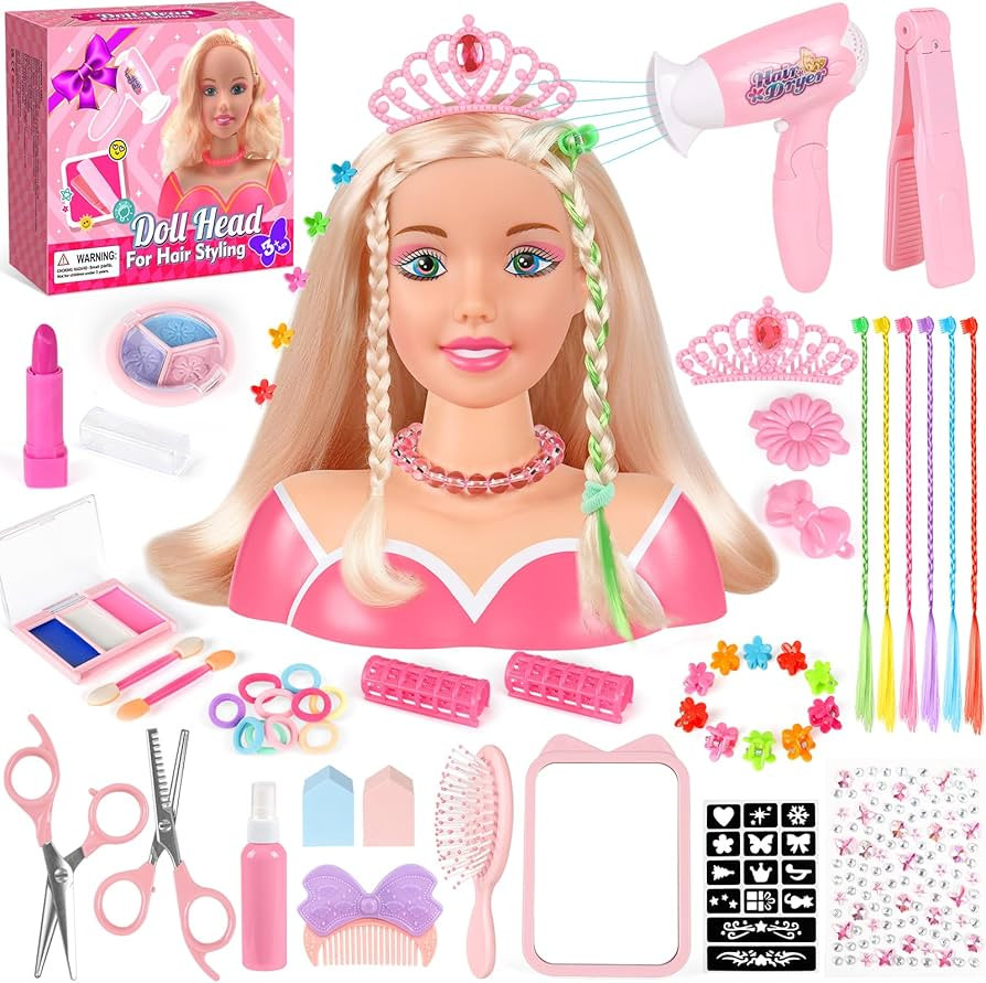 44Pcs Hair Styling Doll Head Toys for Girls, Kids Makeup Hair Salon Pretend Play Styling Kit with... | Amazon (US)