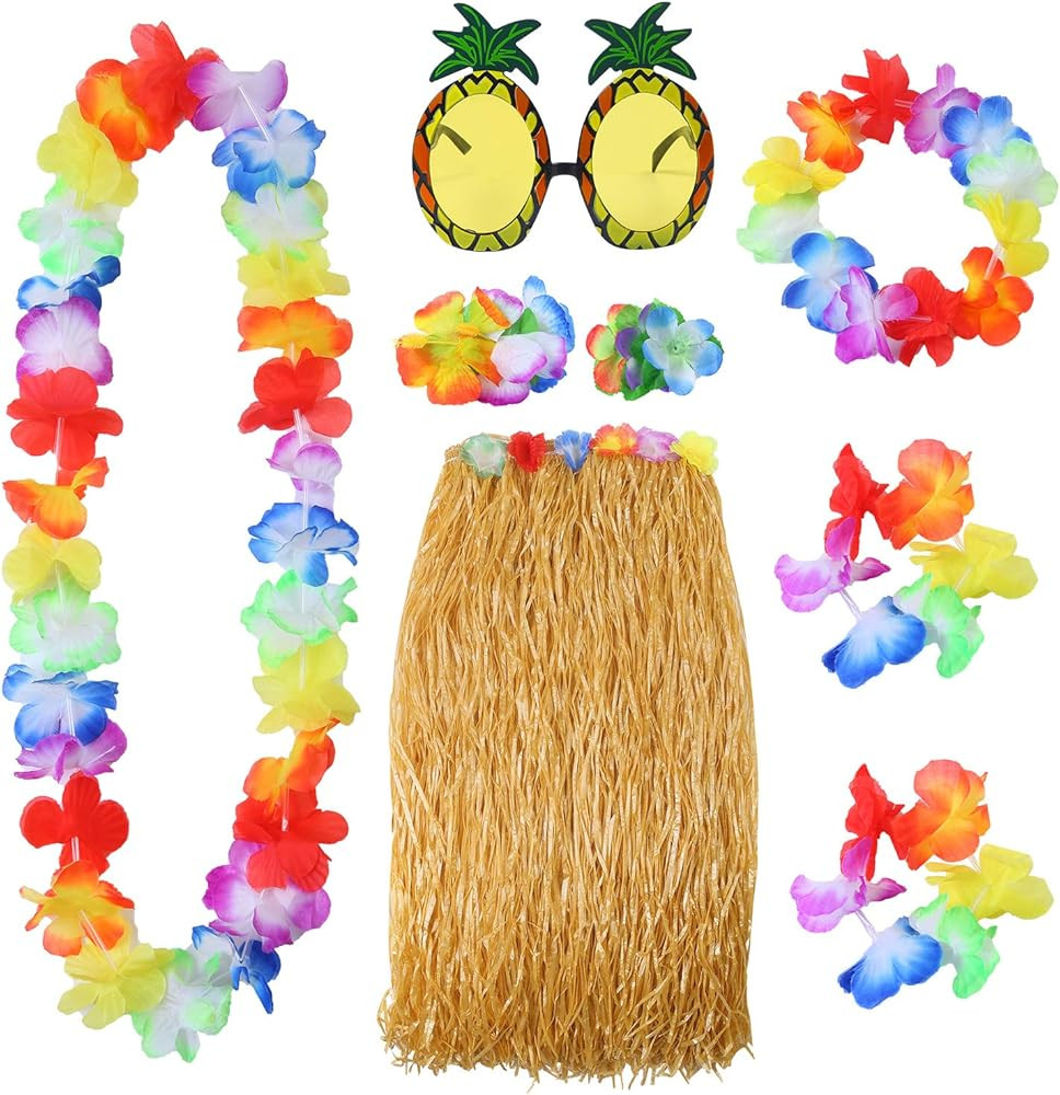 Elcoho 8 Pieces Grass Skirt Sunglasses Leis Necklace Bracelet Set Luau Decorations for Kids and A... | Amazon (US)