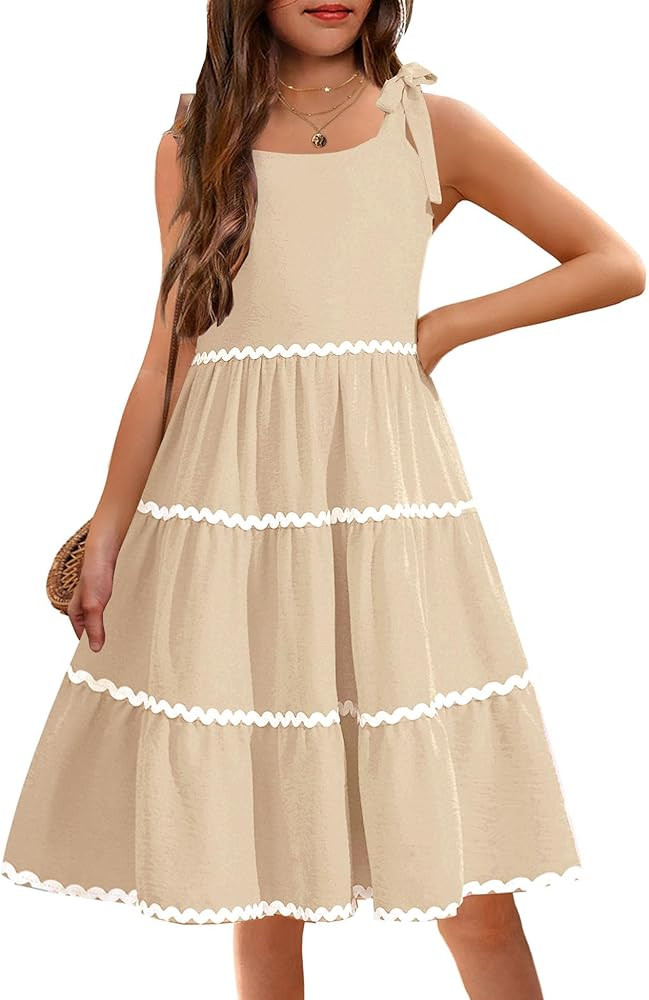 Arshiner Girl's Sundresses Summer Boho Tie Shoulder Cami Midi Tiered Dresses with Pockets | Amazon (US)