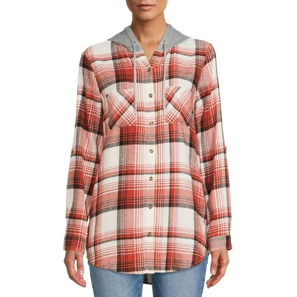 No Boundaries Juniors' Hooded Plaid Flannel Shirt - Walmart.com | Walmart (US)