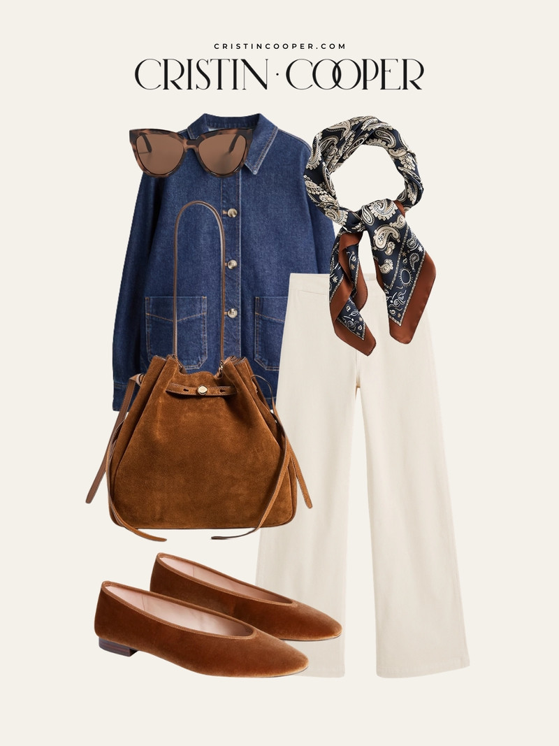 Denim over cream trousers with velvet ballet flats and a scarf tied at the neck. The kind of outfit that looks like you planned it without trying. 

 #LTKSeasonal #LTKWorkwear