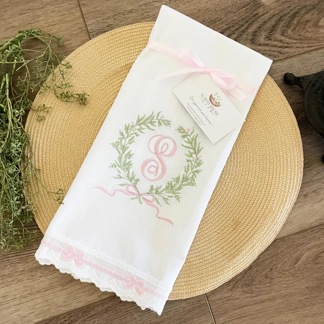 Beautiful Embroidered Initial Kitchen Towel { Olive Wreath with Bow and Monogram } Your Choice of... | Etsy (US)