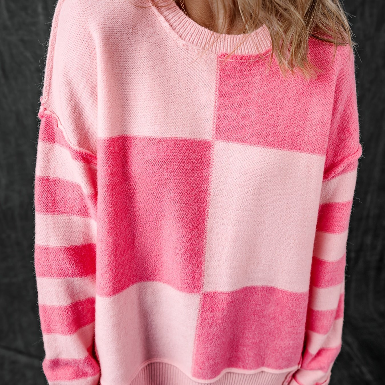 elegant pink checkered striped colorblock high low sweater - Temu | Temu Affiliate Program