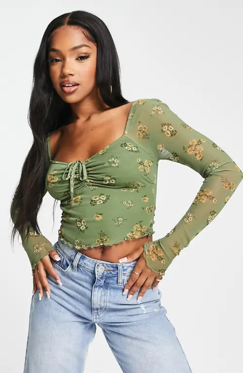 ASOS DESIGN Floral Mesh Crop Top in Green at Nordstrom, Size 14 Us | Nordstrom