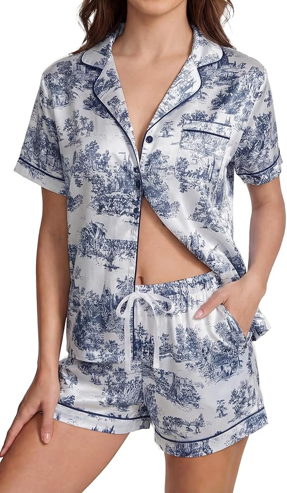 LUBOT 2026 Silk Pajamas for Women Satin Pajama Sets PJ 2 Piece Short Sleeve Long Pants Soft Butto... | Amazon (US)