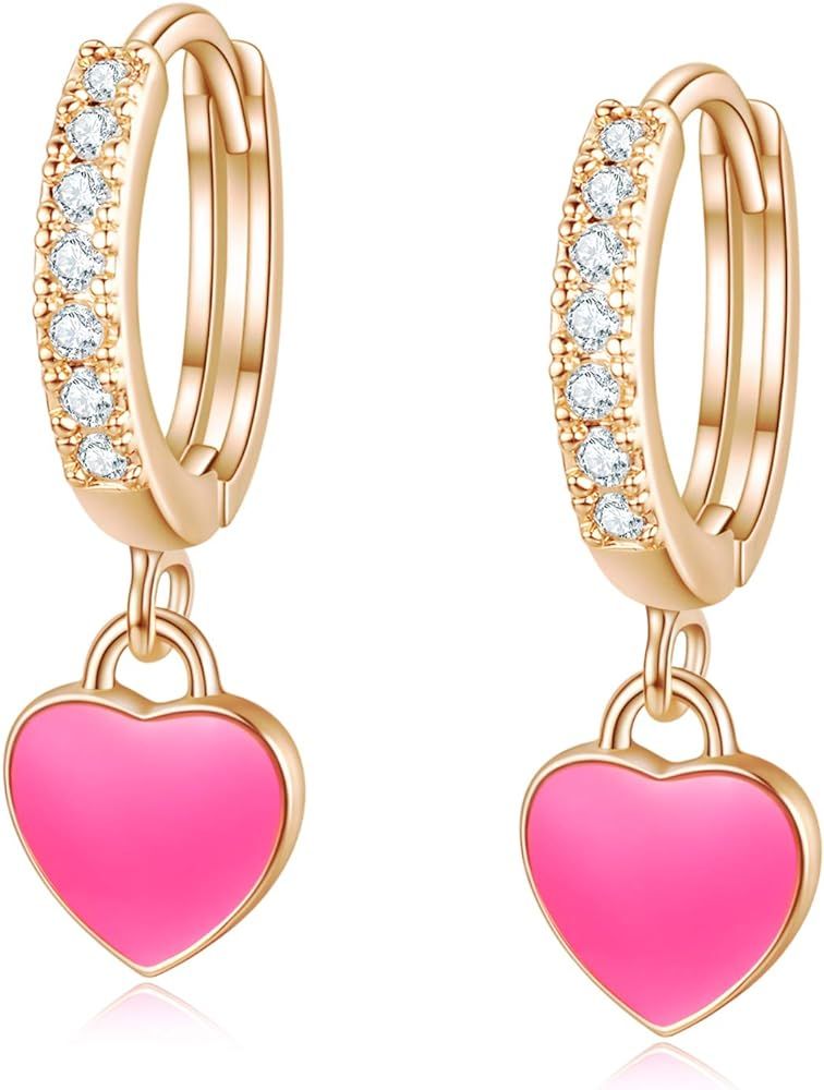 14k Gold/Silver/Rose Gold Plated Huggie Earrings CZ Tiny Small Hoop Earrings Heart Lock Spike Cro... | Amazon (US)
