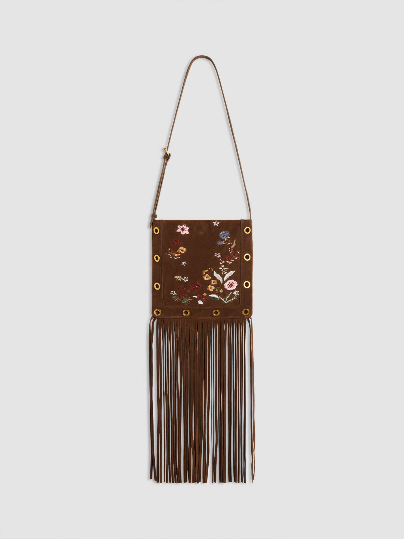 FLORAL EMBROIDERY FRINGE FAUX SUEDE CROSSBODY BAG | Cider