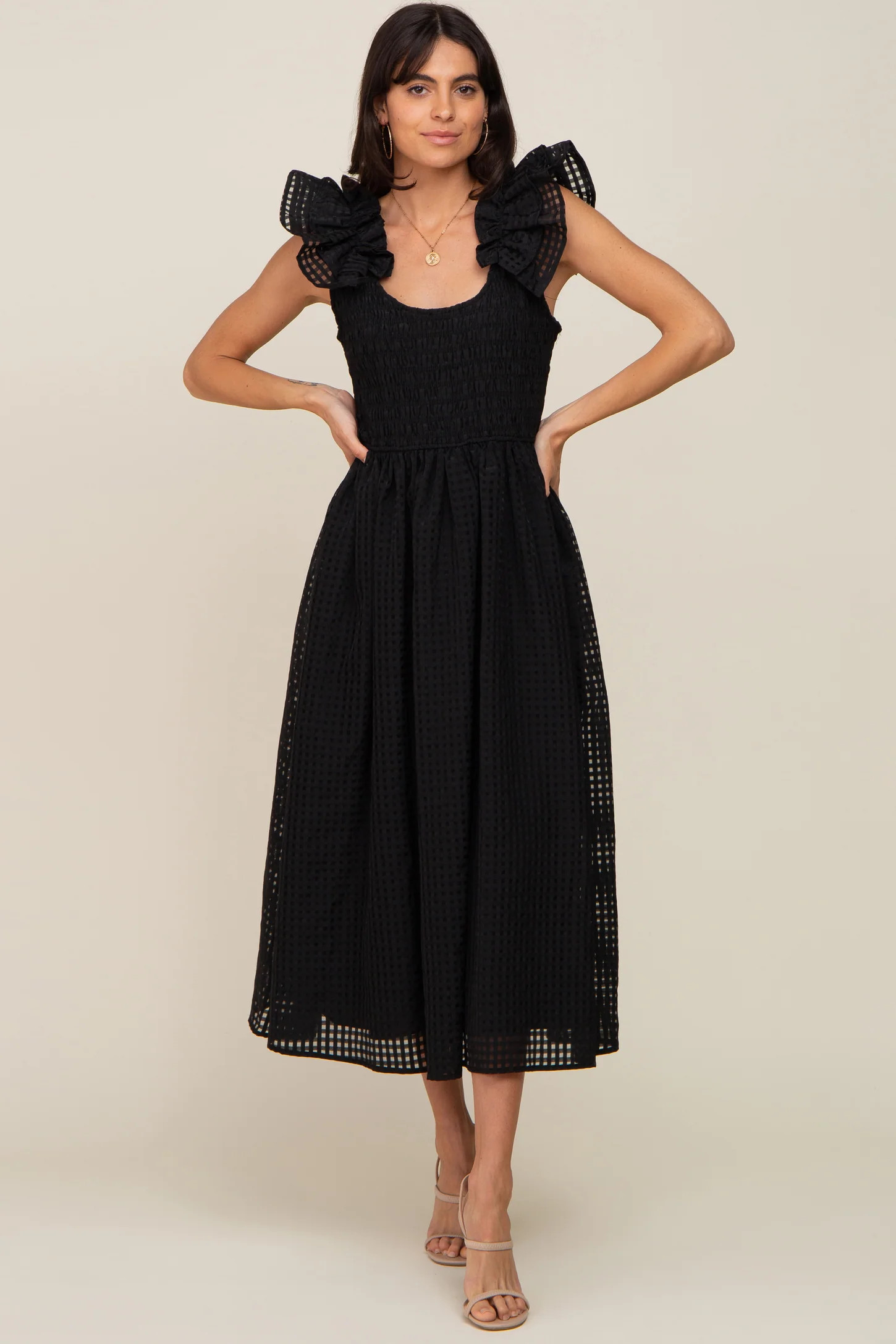 Black Checkered Ruffle Midi Dress | PinkBlush Maternity