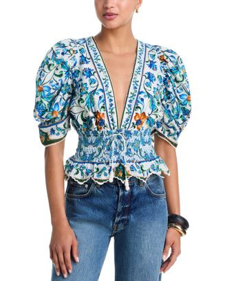 FARM Rio Flora Tile Plunging Neck Blouse | Bloomingdale's Women | Bloomingdale's (US)