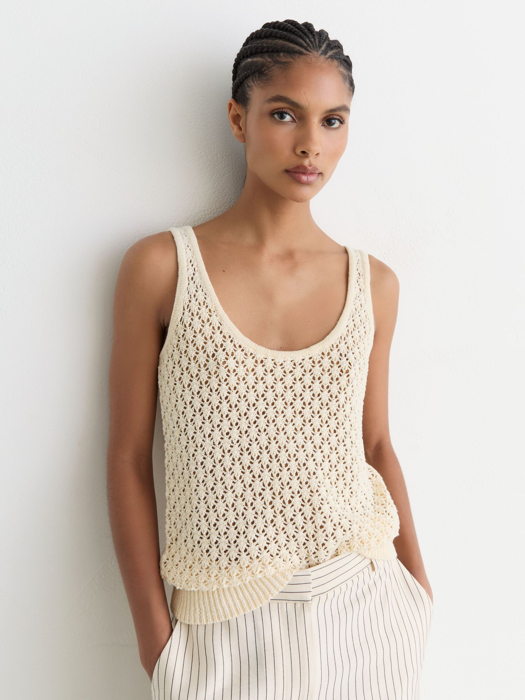 Reiss Linen Open-Stitch Knitted Vest in Ivory - REISS | Reiss UK