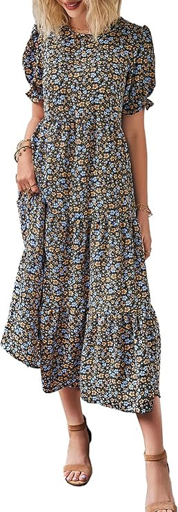PRETTYGARDEN Women's Summer Casual Boho Dress Floral Print Ruffle Puff Short Sleeve Flowy Midi Be... | Amazon (US)