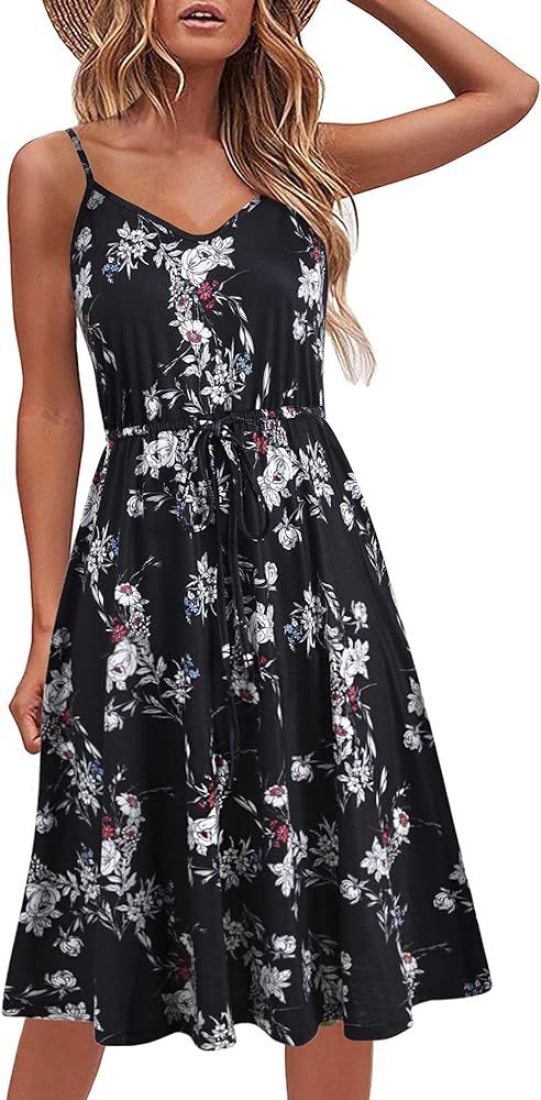 Women's Casual Summer Dress Cotton Sleeveless Spaghetti Strap Adjustable Waist A Line Sun Dresses wi | Amazon (US)