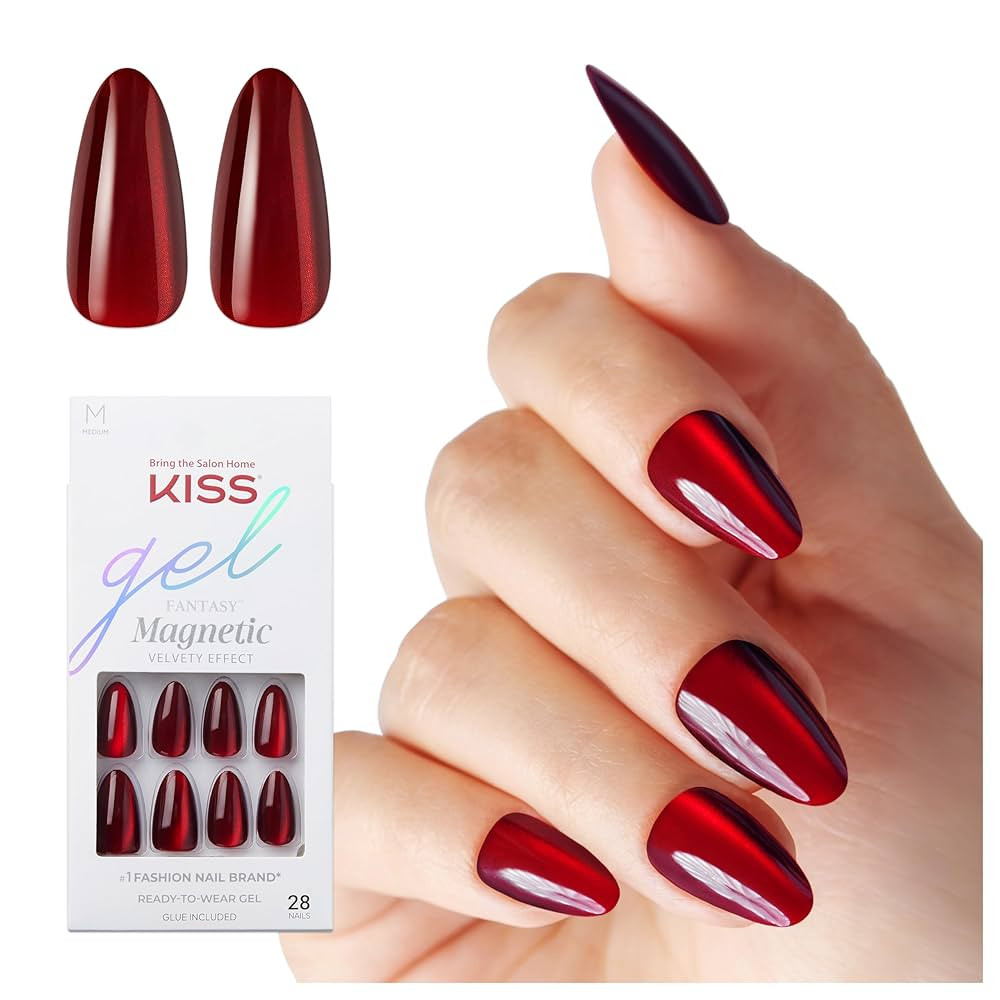 KISS Gel Fantasy Magnetic Press On Nails Almond, Solid Red, Medium Length, 28 Fake Nails, Pink Ge... | Amazon (US)