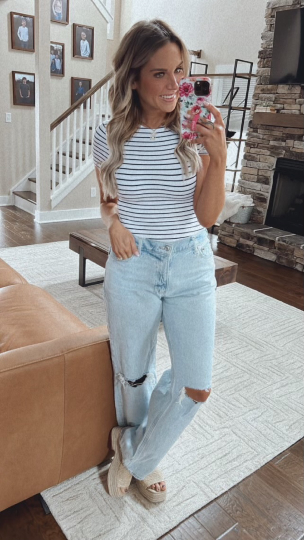 The comfiest, coziest soft striped bodysuit with distressed Abercrombie curve love low rise baggy jeans. This shortsleeved bodysuit comes in black and white strips and other colors as well. Love this for running errands, grabbing coffee, or lunch date. Spring outfit, summer outfit inspo, A&F jeans, mom outfit inspo

#LTKSeasonal #LTKfindsunder100 #LTKfindsunder50