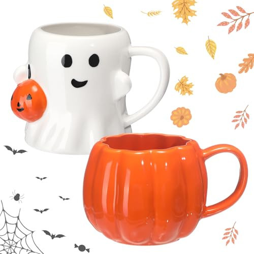 LemonRoad 2 Pcs Mug 14 oz Novelty 3D Cute Ceramic Coffee Cup Happy Pattern Mugs Gifts for Milk Tea Coffee Lover(Ghost Pumpkin) | Amazon (US)