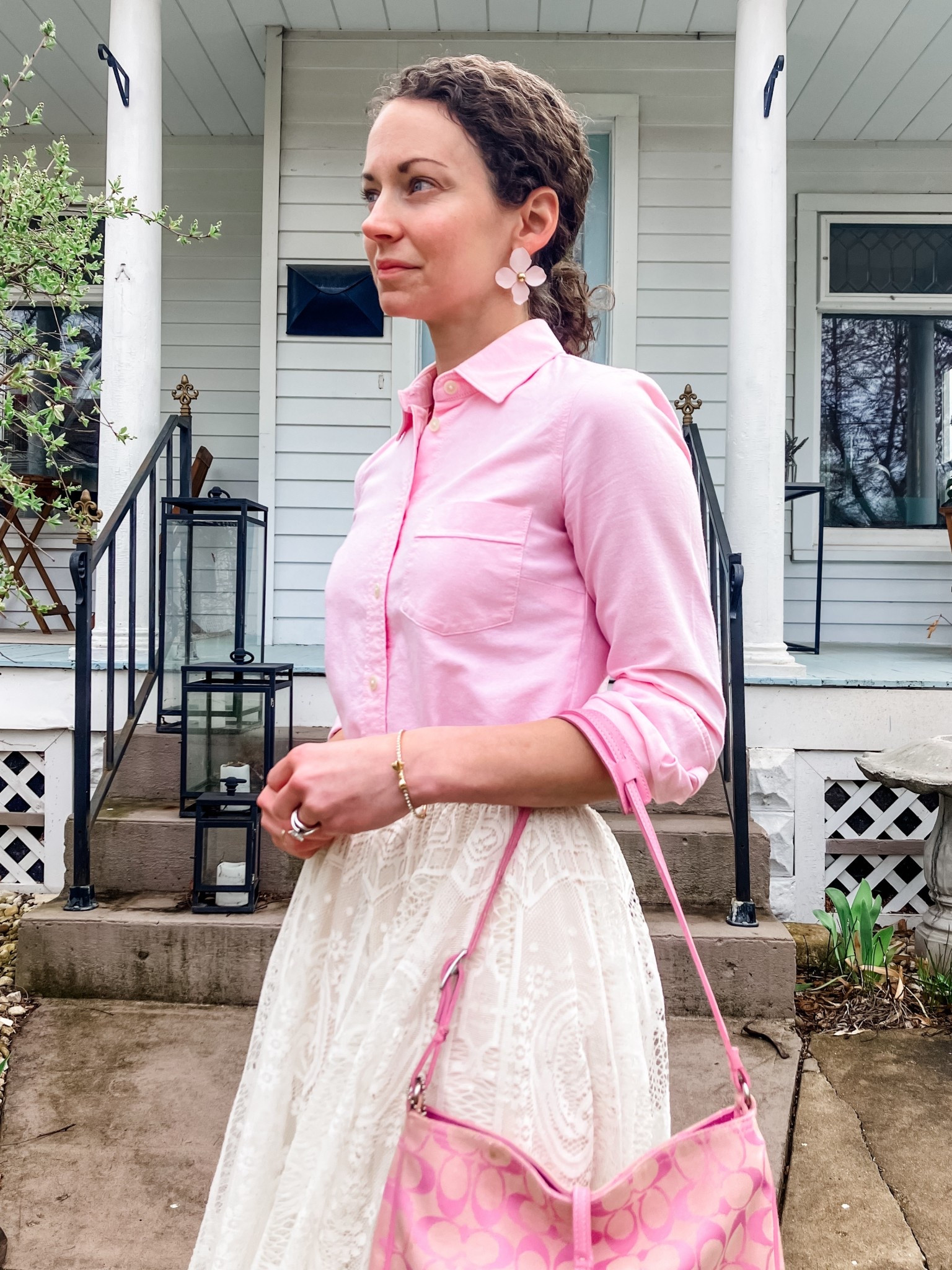 A pink and white lace skirt for church!
Pink button up from J.Crew Factory. 
Cream lace skirt from Amazon. 
Large floral earrings are old, linking similar. Coach bag is vintage. 
Petite outfit. Modest outfit. Spring outfit. Feminine outfit. Classic outfit. Preppy outfit. Church outfit. 

#LTKootd #LTKdayinmylife #LTKOver40