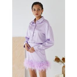 Ethereal Feather Long Sleeve Satin Dress in Purple | Chicwish