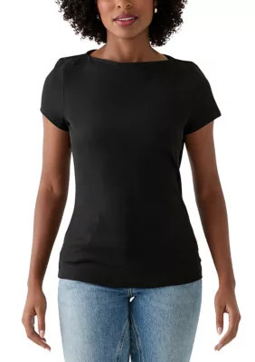 Crown & Ivy Women's Boat Neck Ribbed T-Shirt, Black, Small | Belk