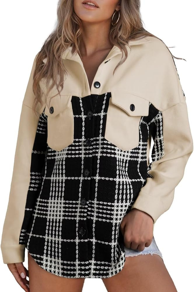 Astylish Women 2024 Fashion Long Sleeve Shacket Jacket Button Down Plaid Shirts with Pockets | Amazon (US)