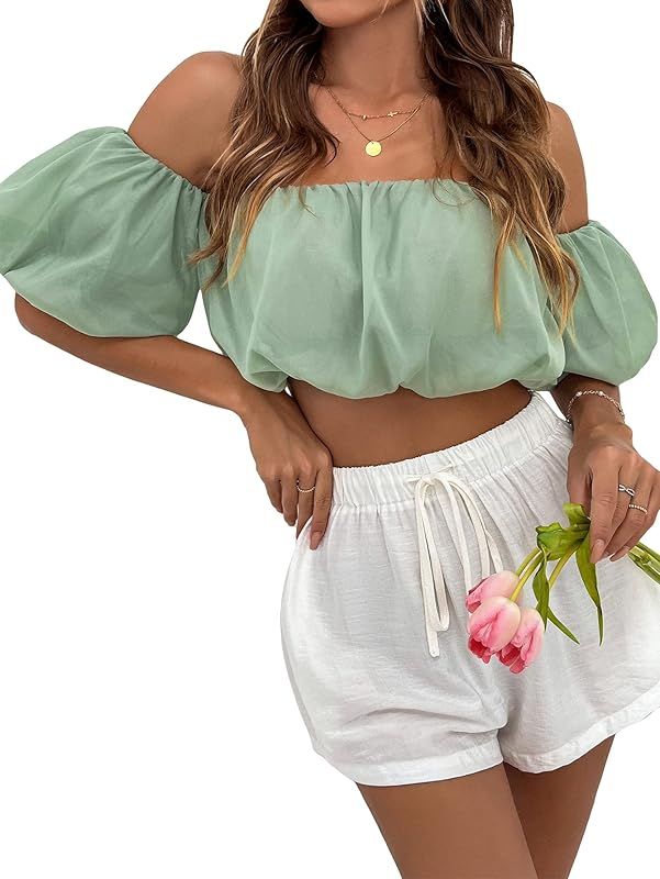 MakeMeChic Women's Off Shoulder Puff Short Sleeve Crop Tops Blouse | Amazon (US)