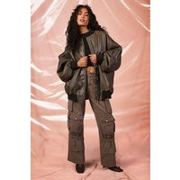 Womens Vintage Look Oversized Faux Leather Bomber Jacket - Grey - 12, Grey | Boohoo.com (UK & IE)