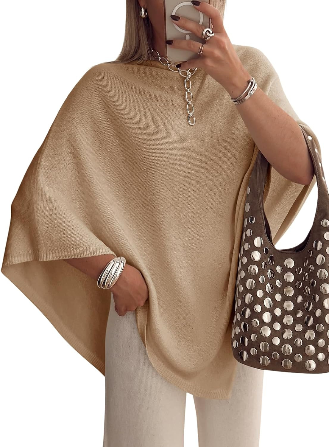 Saodimallsu Womens Poncho Sweater Boat Neck Batwing Sleeve Fall Trendy Casual Knit Pullover Cape Shawl Tops | Amazon (US)