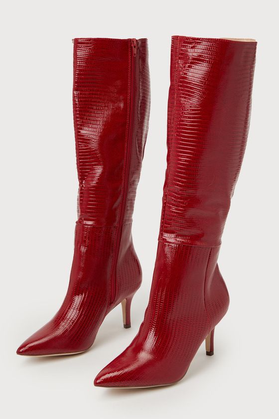 Sabeen Red Croc-Embossed Knee-High High Heel Boots | Lulus (US)