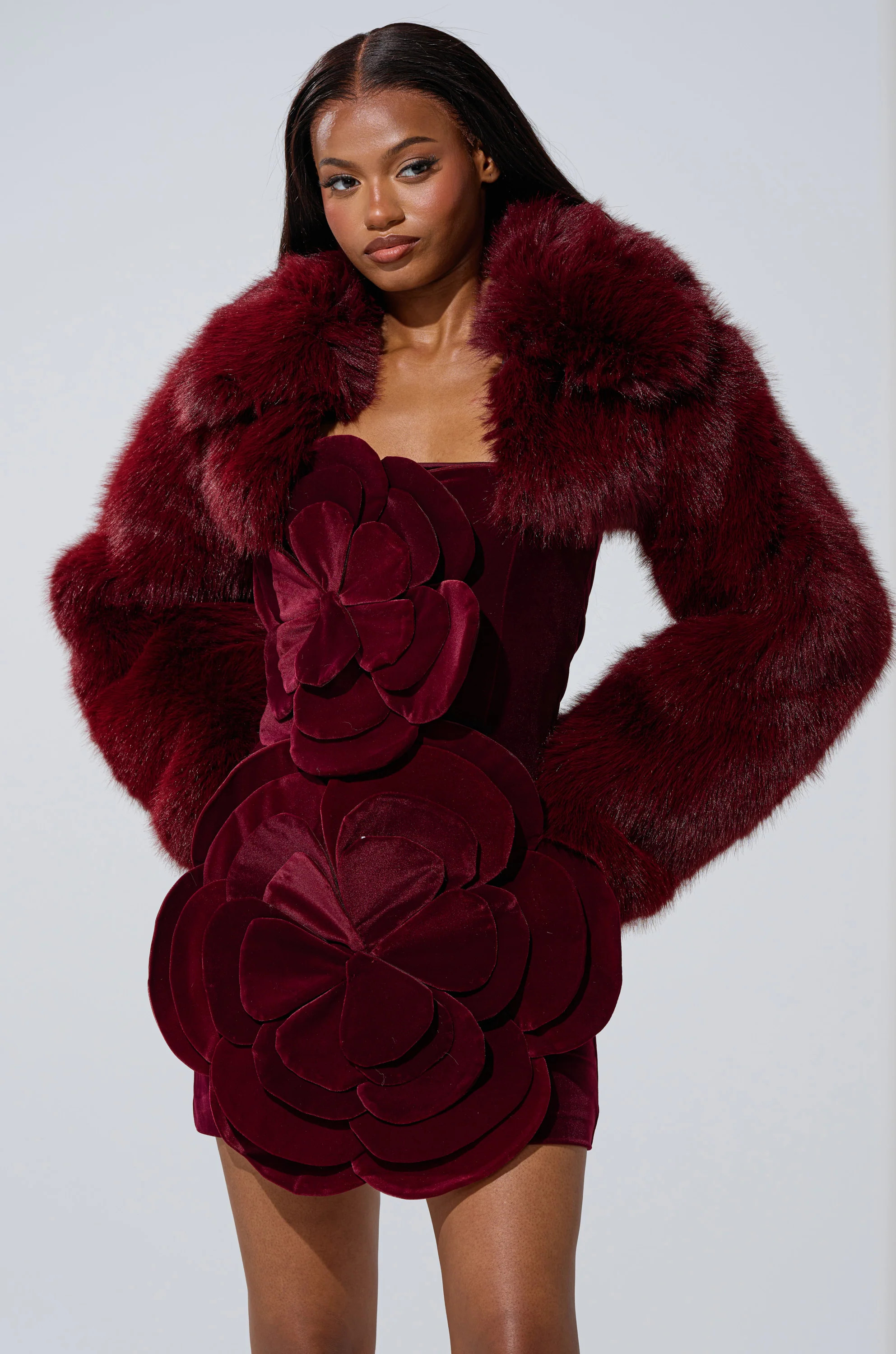 LEILA ULTRA CROP FAUX FUR IN BURGUNDY | AKIRA