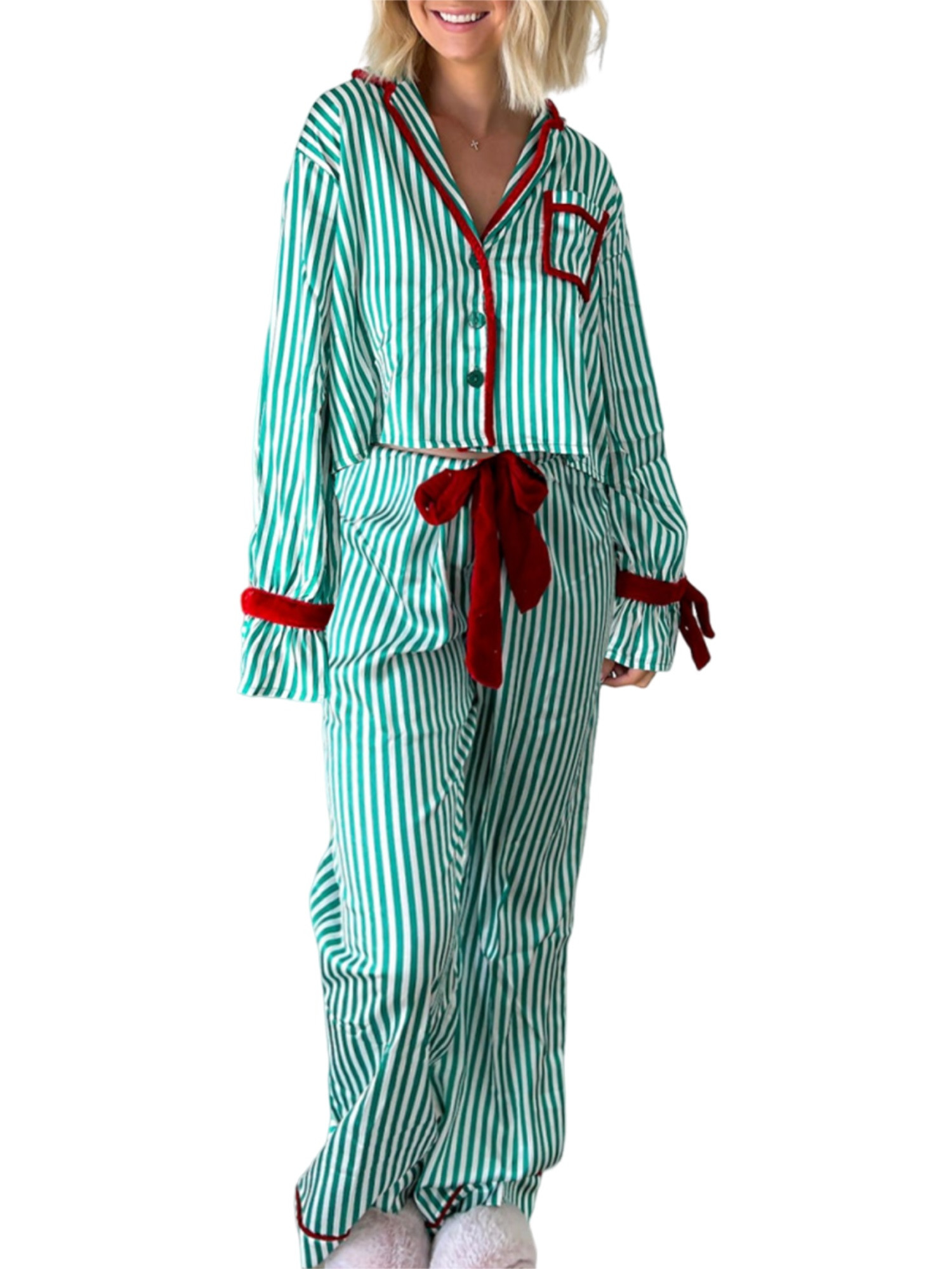 Rdhnmea Women Christmas Striped 2 Piece Pajama Set Bow Tie Long Sleeve Button Down Crop Shirt Ela... | Walmart (US)